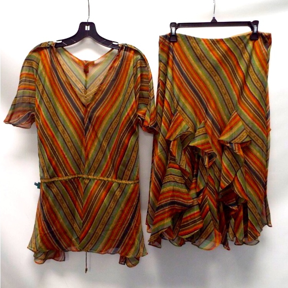 Lauren Ralph Lauren Ingrid Stripe Multicolor Ruffled Chiffon Skirt (M) Top (XS)
